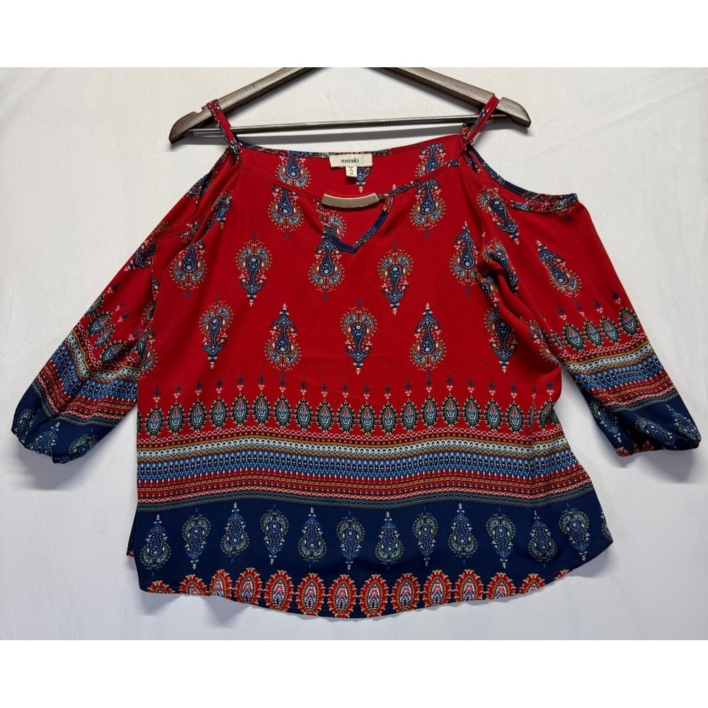 Meraki Blouse Top Womens M Red Navy Paisley Keyhole Neck Cold Shoulder Sleeve